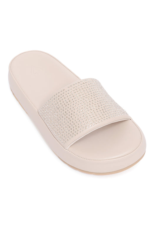 CRYSTAL EMBELLISHED SLIDE-BEIGE