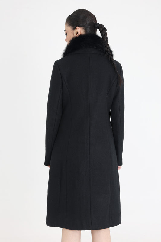 FUR-EMBELLISHED KNEE-LENGTH COAT-BLACK