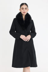 FUR-EMBELLISHED KNEE-LENGTH COAT-BLACK