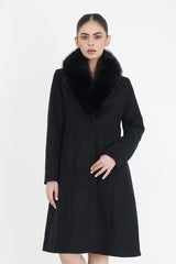 FUR-EMBELLISHED KNEE-LENGTH COAT-BLACK