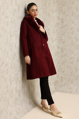 FAUX FUR COLLAR OVERCOAT-WINE