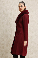 FAUX FUR COLLAR OVERCOAT-WINE