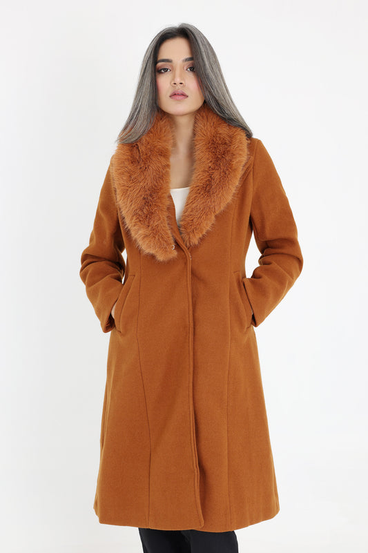 FUR-EMBELLISHED KNEE-LENGTH COAT-COFFEE