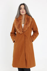 FUR-EMBELLISHED KNEE-LENGTH COAT-COFFEE