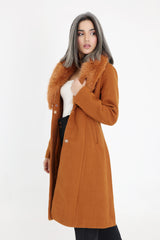 FUR-EMBELLISHED KNEE-LENGTH COAT-COFFEE