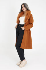 FUR-EMBELLISHED KNEE-LENGTH COAT-COFFEE