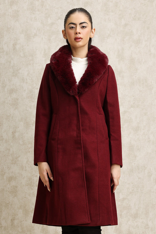 FAUX FUR COLLAR OVERCOAT-WINE