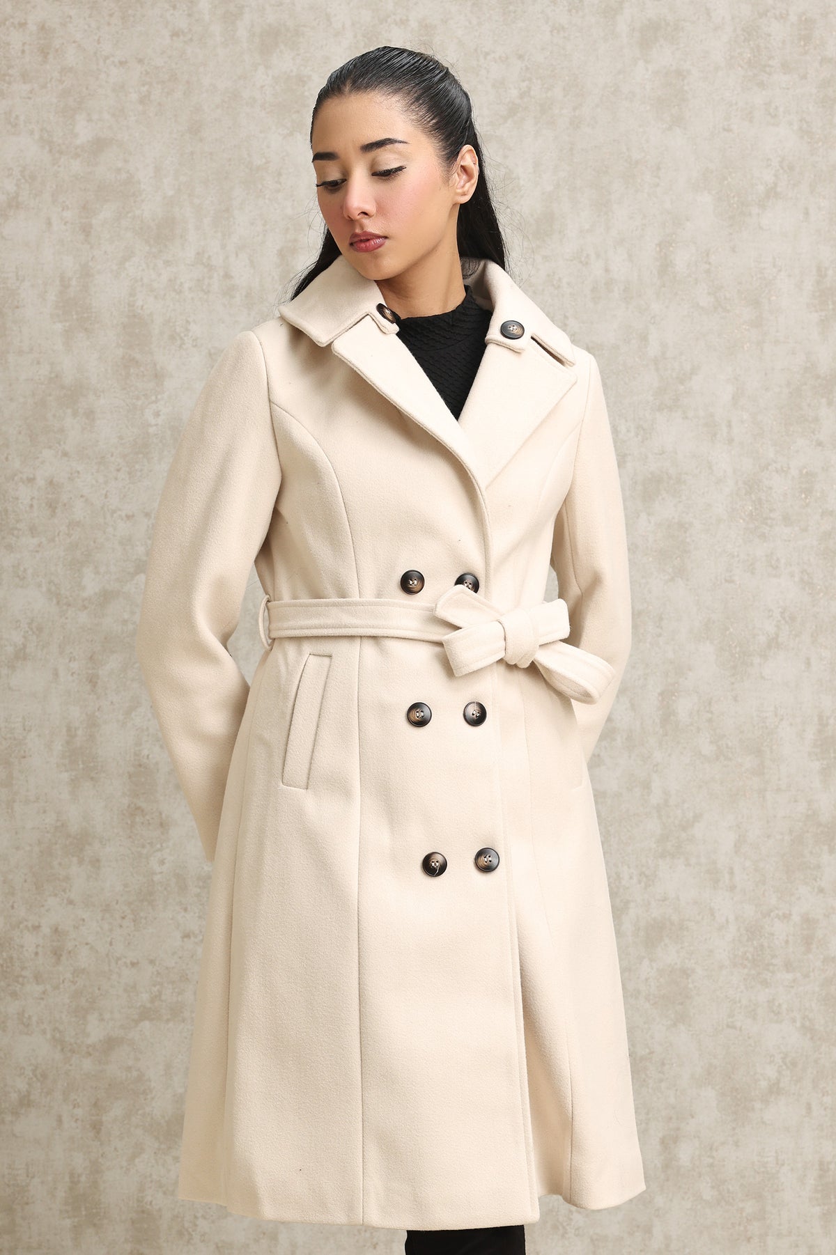 DOUBLE-BREASTED WOOL BLEND OVERCOAT-WHITE