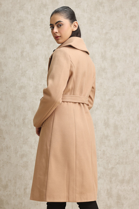 DOUBLE-BREASTED WOOL BLEND OVERCOAT-KHAKI