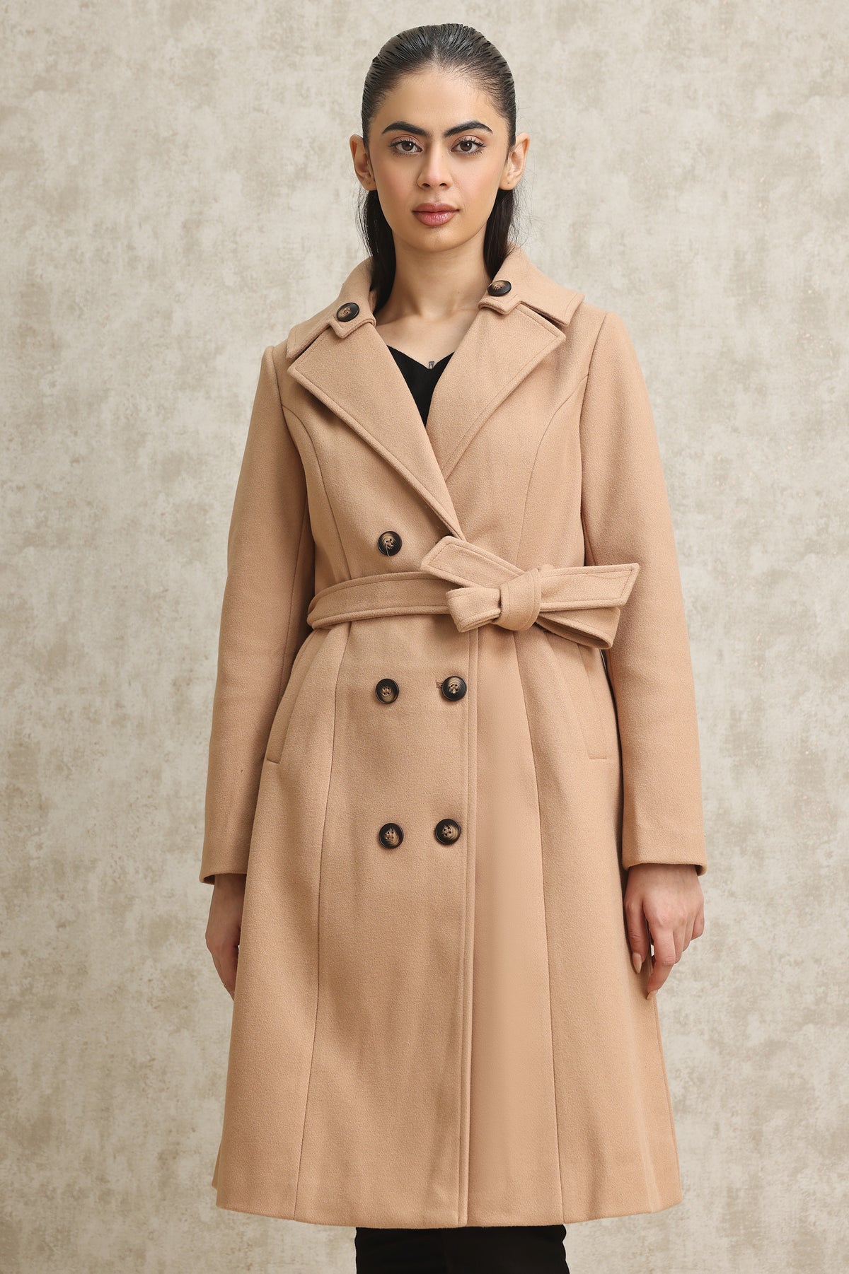 DOUBLE-BREASTED WOOL BLEND OVERCOAT-KHAKI