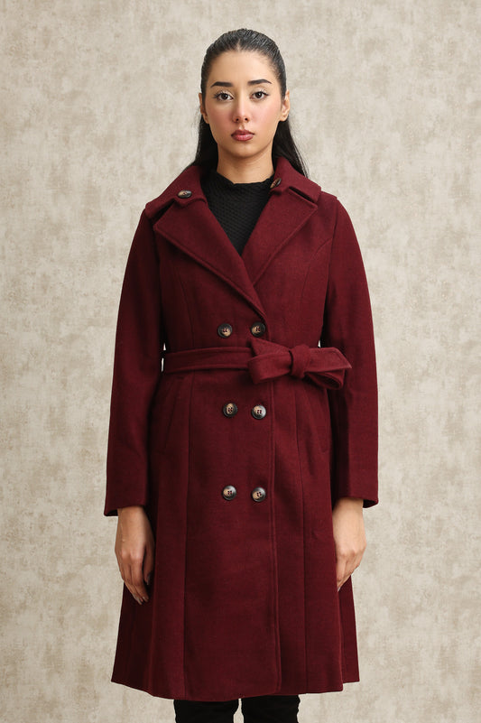 DOUBLE-BREASTED WOOL BLEND OVERCOAT-WINE