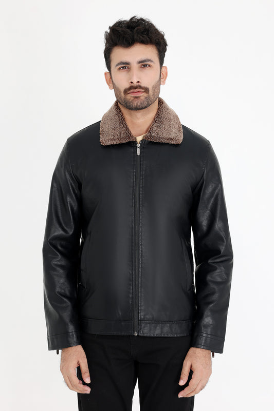 ALMAS STYLISH COLLAR LEATHER JACKET-BLACK