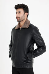 ALMAS STYLISH COLLAR LEATHER JACKET-BLACK