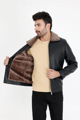 ALMAS STYLISH COLLAR LEATHER JACKET-BLACK