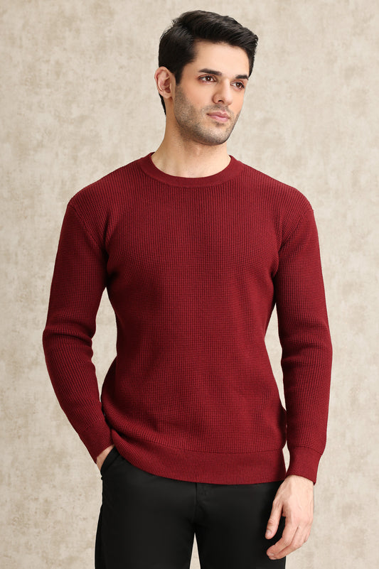 RIBBED CREWNECK SWEATER-BURGUNDY