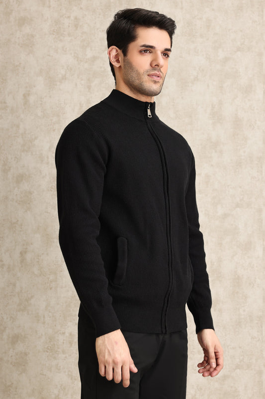 FULL-ZIP MOCK NECK SWEATER-BLACK