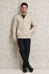 FULL-ZIP MOCK NECK SWEATER-BEIGE