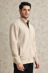 FULL-ZIP MOCK NECK SWEATER-BEIGE