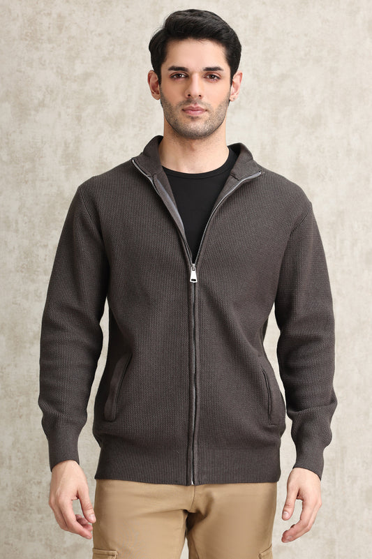 FULL-ZIP MOCK NECK SWEATER-COFFEE