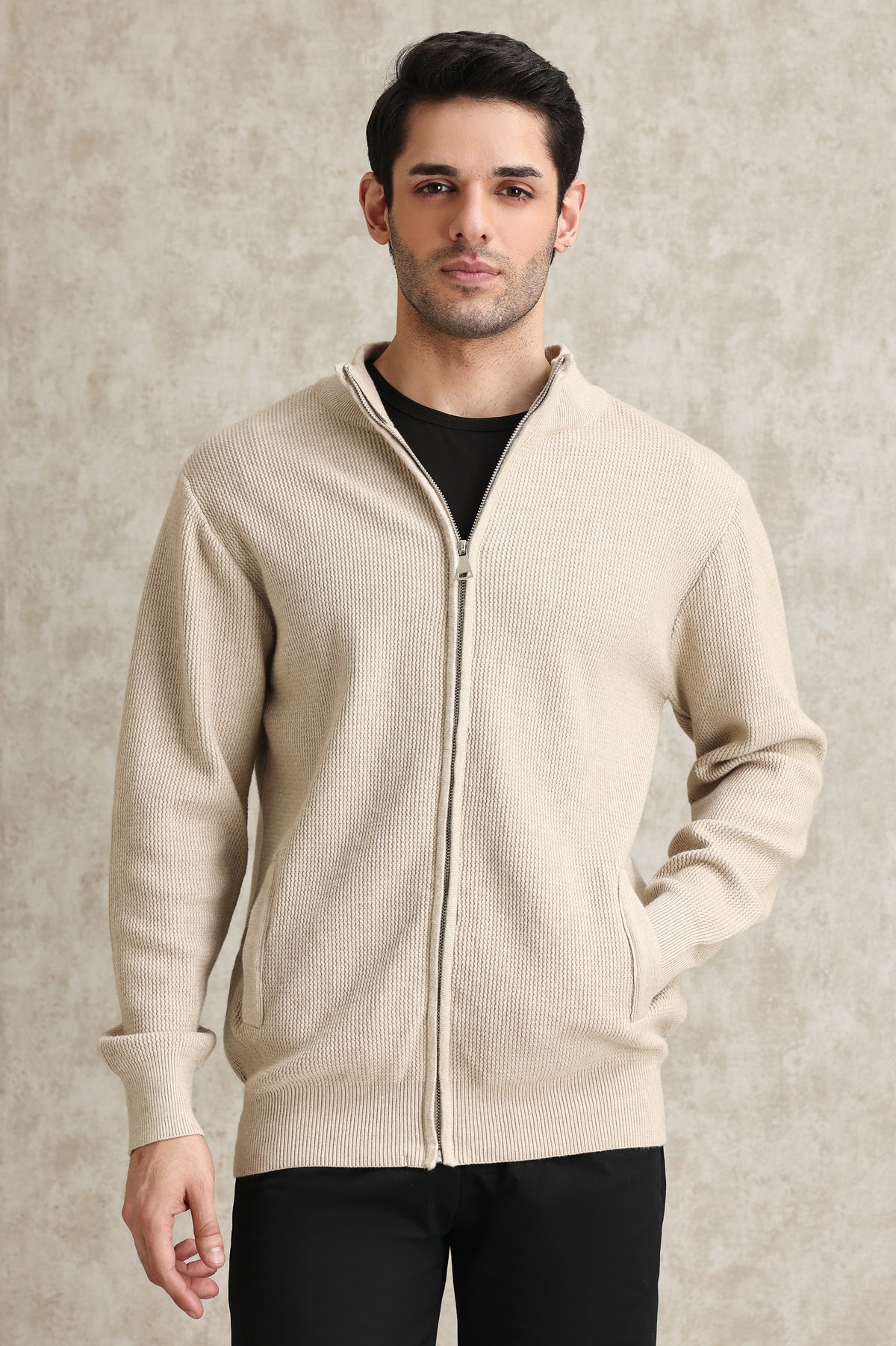 FULL-ZIP MOCK NECK SWEATER-BEIGE