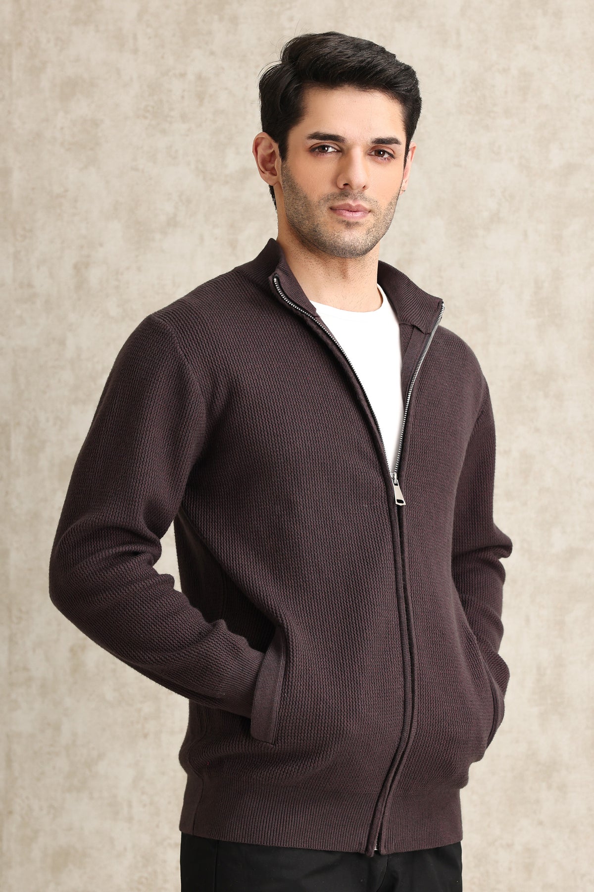 FULL-ZIP MOCK NECK SWEATER-COFFEE