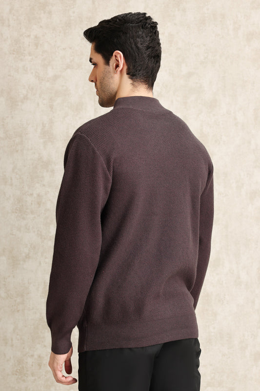 FULL-ZIP MOCK NECK SWEATER-COFFEE