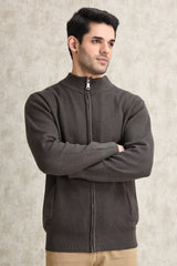 FULL-ZIP MOCK NECK SWEATER-COFFEE