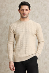 TEXTURED CREW NECK SWEATER-BEIGE