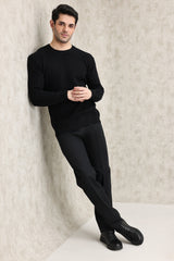 TEXTURED CREW NECK SWEATER-BLACK