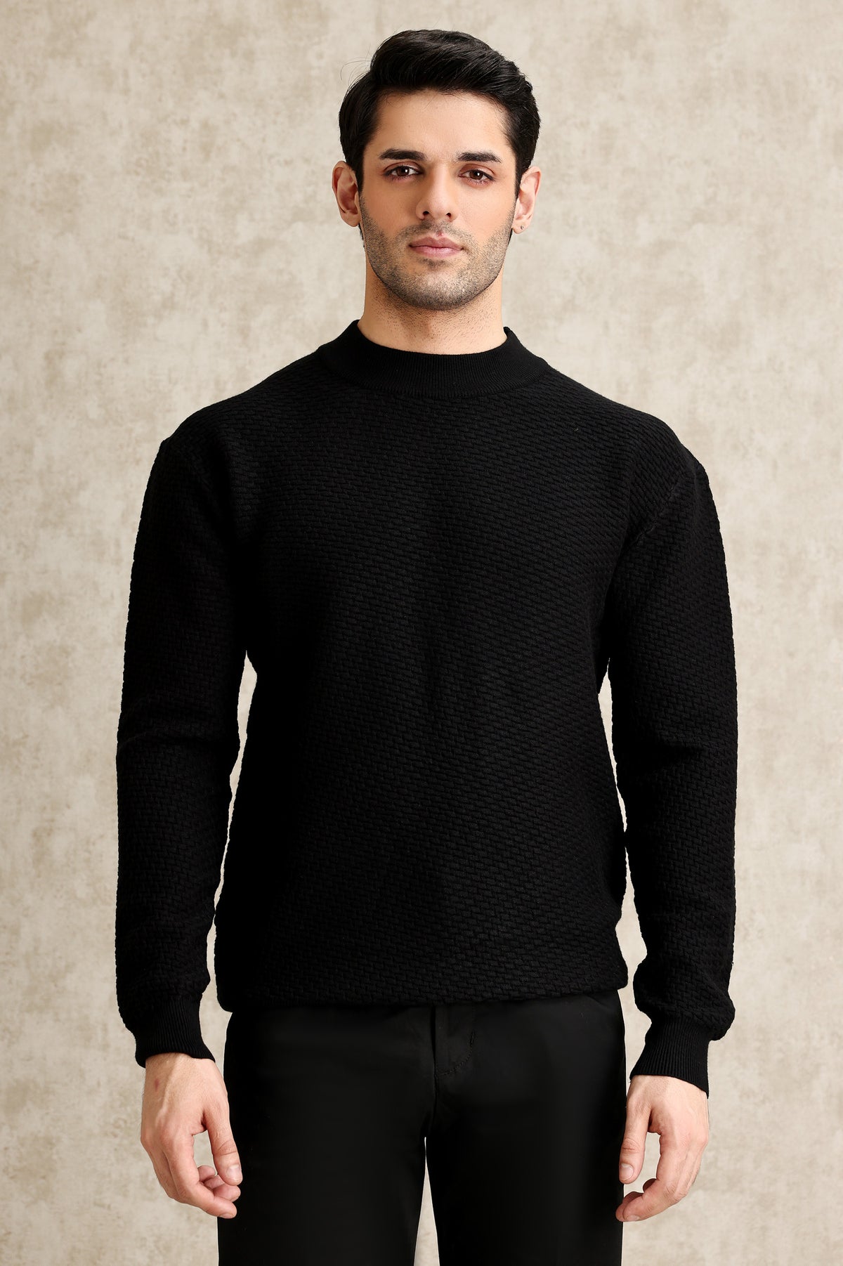 BASKETWEAVE CREW NECK SWEATER-BLACK