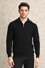 HALF-ZIP RIBBED SWEATER-BLACK