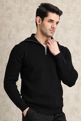 HALF-ZIP RIBBED SWEATER-BLACK