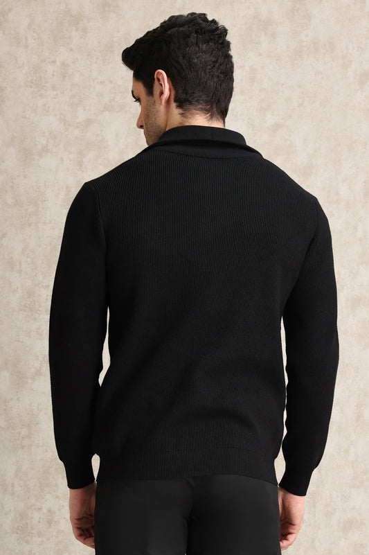 HALF-ZIP RIBBED SWEATER-BLACK