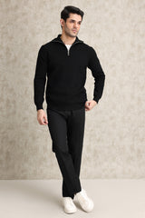 HALF-ZIP RIBBED SWEATER-BLACK