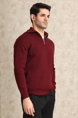 HALF-ZIP RIBBED SWEATER-MAROON