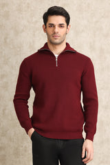 HALF-ZIP RIBBED SWEATER-MAROON