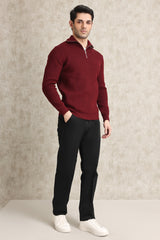 HALF-ZIP RIBBED SWEATER-MAROON