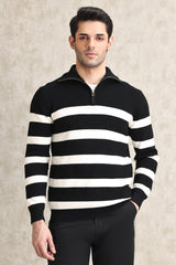 BOLD STRIPE HALF-ZIP SWEATER-BLK-WHT