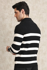 BOLD STRIPE HALF-ZIP SWEATER-BLK-WHT