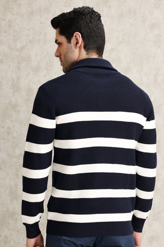 BOLD STRIPE HALF-ZIP SWEATER-NAVY-WHT