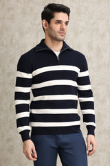 BOLD STRIPE HALF-ZIP SWEATER-NAVY-WHT