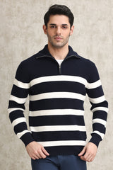 BOLD STRIPE HALF-ZIP SWEATER-NAVY-WHT