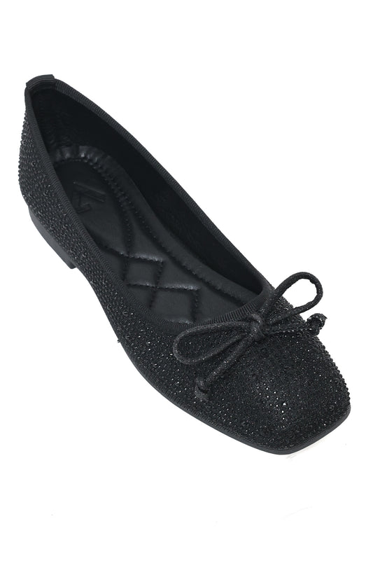 RHINESTONE BOW BALLET FLATS-BLACK