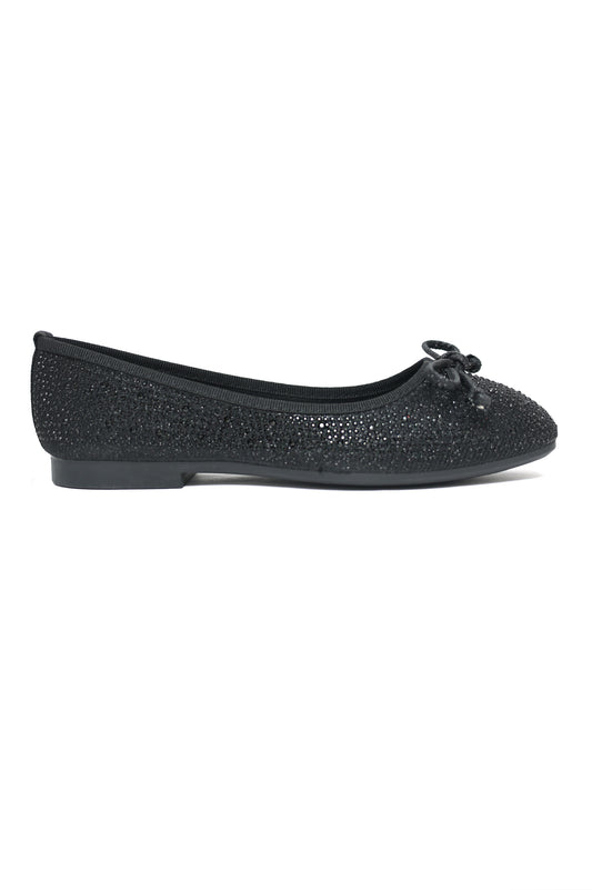 RHINESTONE BOW BALLET FLATS-BLACK