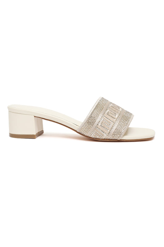 LUXE EMBELLISHED BLOCK HEEL-OFFWHITE