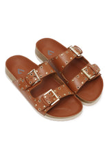 STUDDED DUAL BUCKLE SLIDES-CAMEL