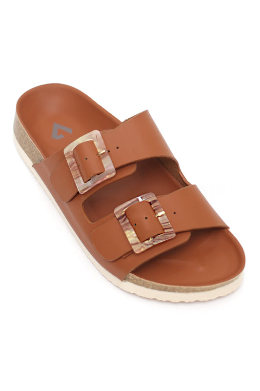 DUAL BUCKLE COMFORT SLIDES-CAMEL