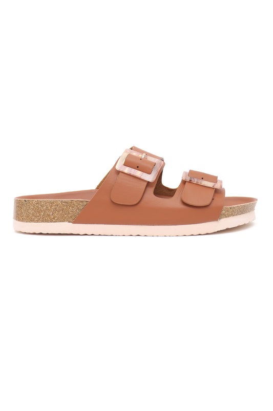 DUAL BUCKLE COMFORT SLIDES-CAMEL