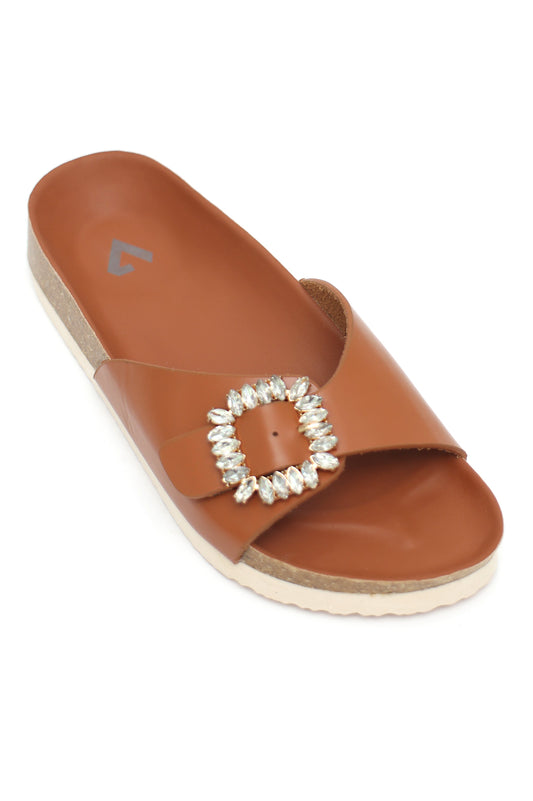 JEWELED BUCKLE SLIDES-CAMEL