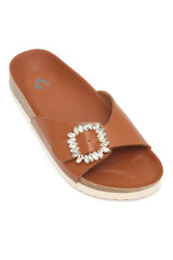 JEWELED BUCKLE SLIDES-CAMEL